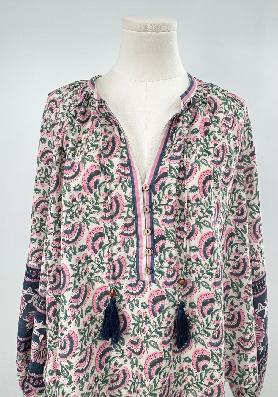 Natural Life White Floral Blouse Pink Blue Boho Tassel Popover Top S